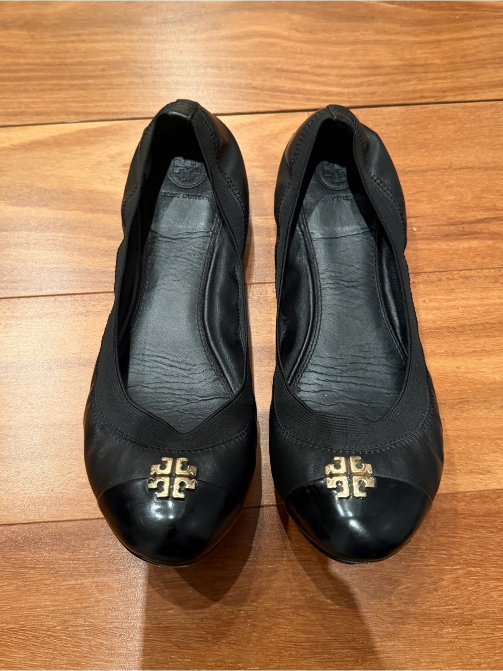 Tory Burch Jolie Black Logo Cap-Toe Ballet Flats